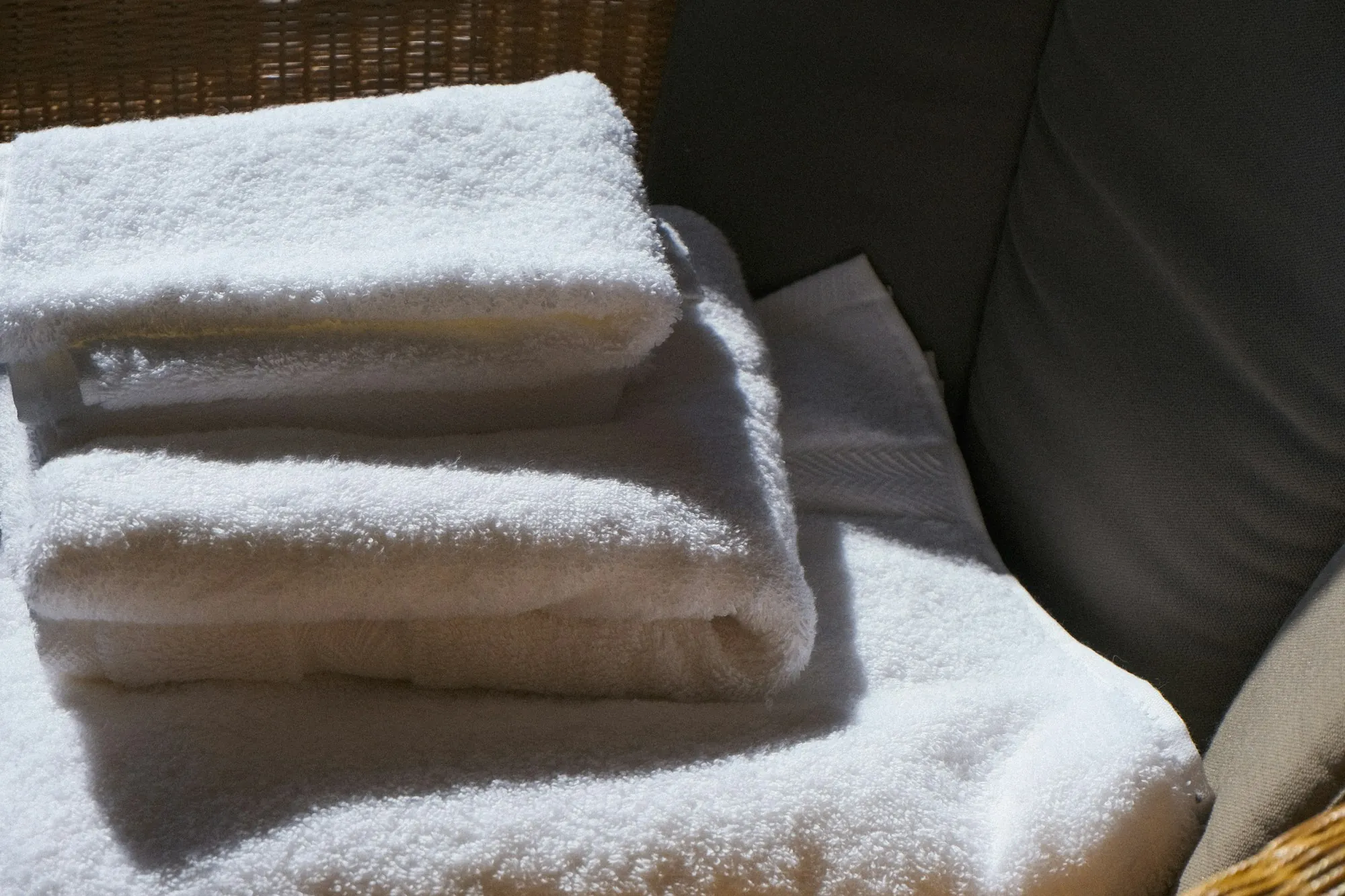 Folded towels on a shelf beside a plant