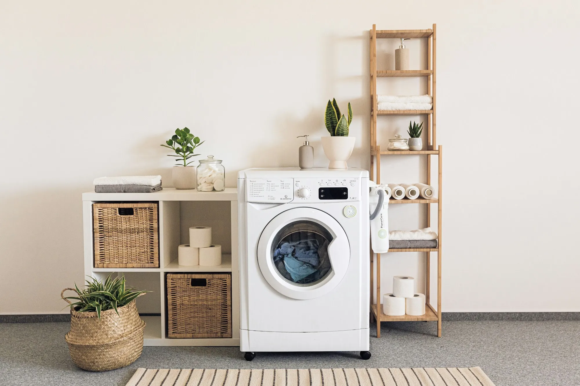 A tidy utility room with a washing machine