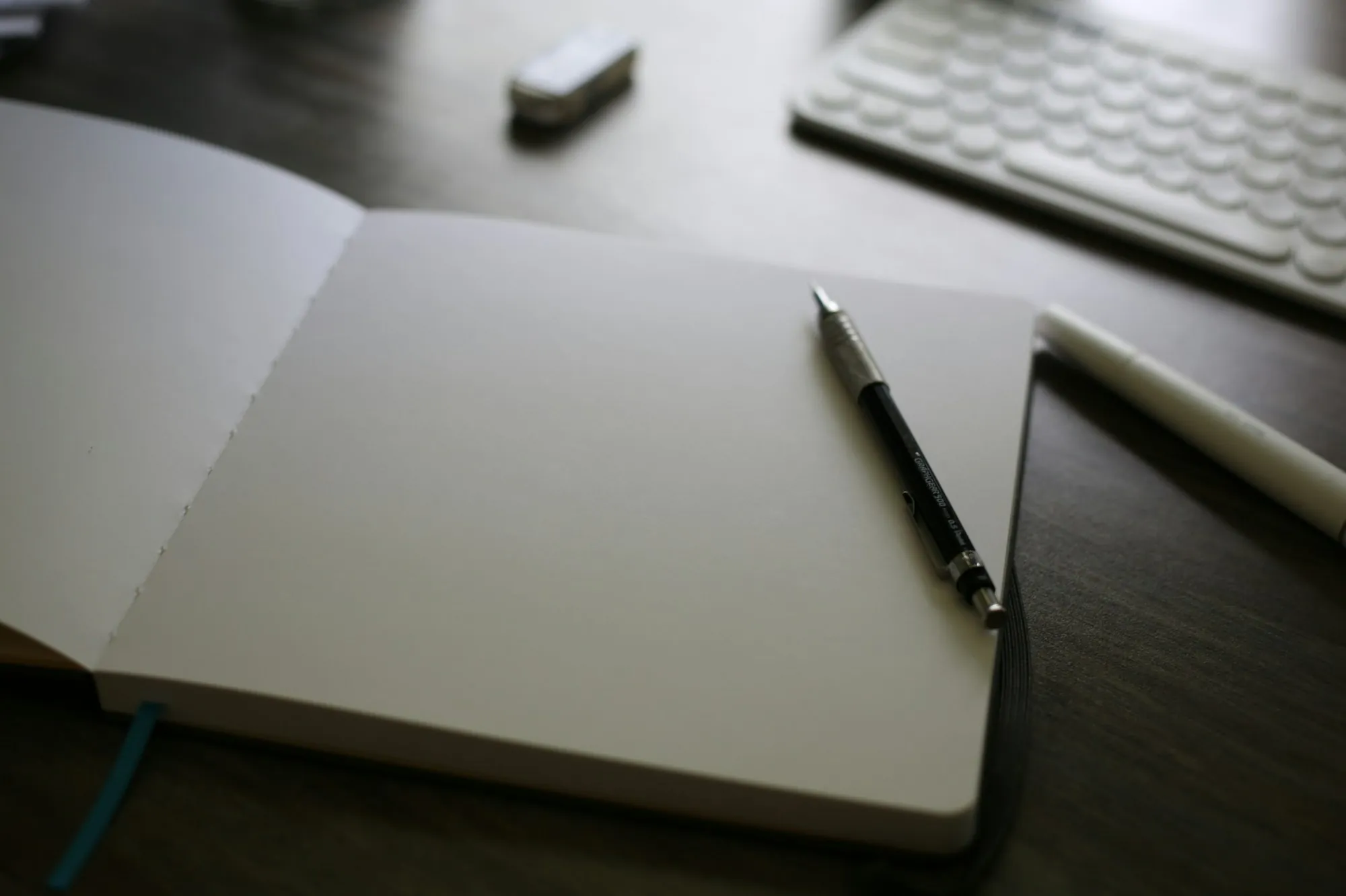 An open notebook with a pen resting on it